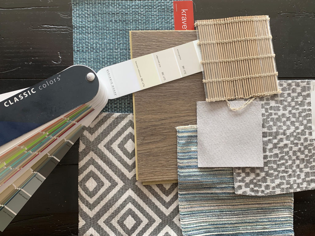 This is a photo of color, fabric and finish selections for an interior design project